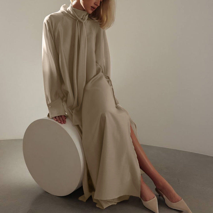 Women Clothing Stand up Collar Tie Dress Long Sleeve Side Slit Loose Casual Dress