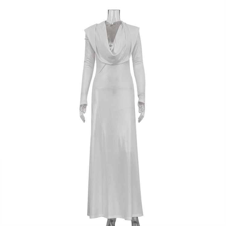 Elegant Dress Women Solid Color Long Sleeve Swing Collar Hooded Slim Fit High Waist Sheath Dress