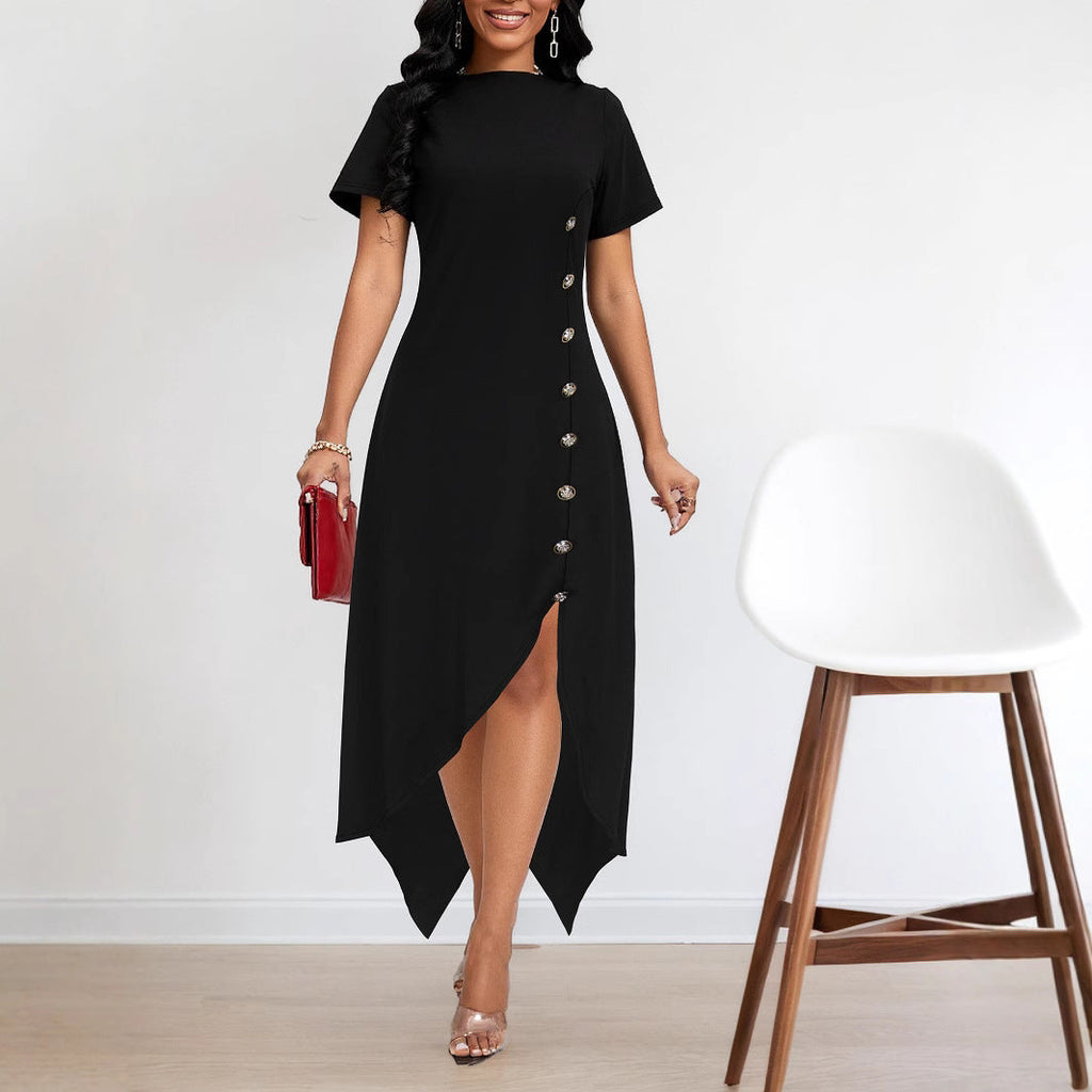 Women Clothing Elegant Irregular Asymmetric Hem Side Fastener Decoration Dress