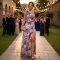 Summer Slim Fit Slimming Waist Slant Shoulder Floral Print Slit Maxi Dress