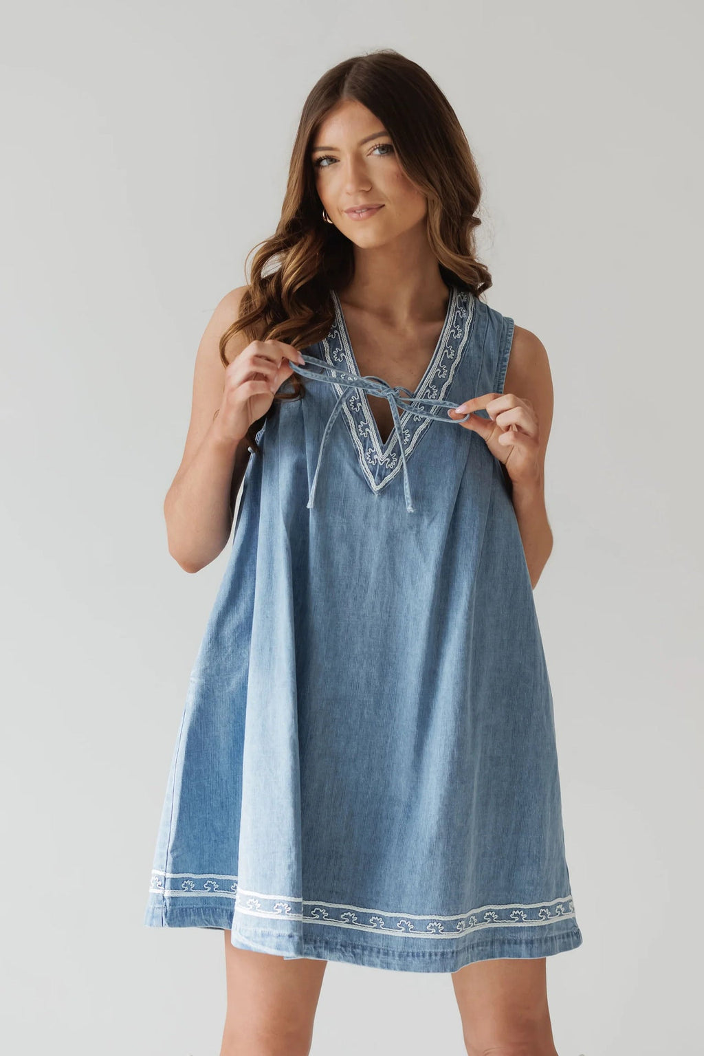 Summer Street Hipster V neck Sleeveless Embroidered Vest Denim Dress