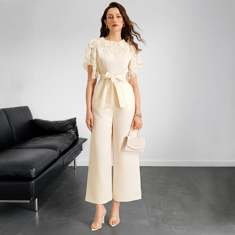 Women Clothing Elegant Summer Stitching Lace Short Sleeve Tied High Waist Straight Jumpsuit