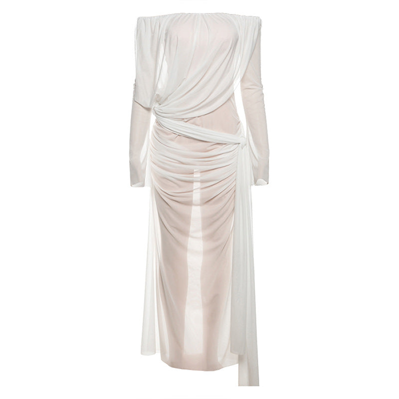 Spring Summer Women Clothing Sexy Mesh Solid Color off Shoulder Sheer Long Sleeve Dress Women
