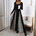 Leopard Splicing Dress Retro High Waist Long Sleeves Wide Leg A line Dress