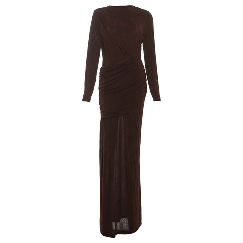 Autumn Winter Women Clothing Solid Color Pleated round Neck Slim Fit Long Sleeved Dress Women