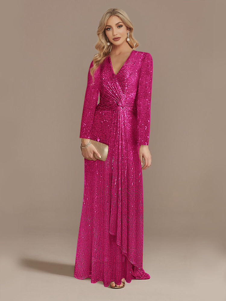 Multi Color Long Sleeve V neck Fishtail Cocktail Evening Dress Women
