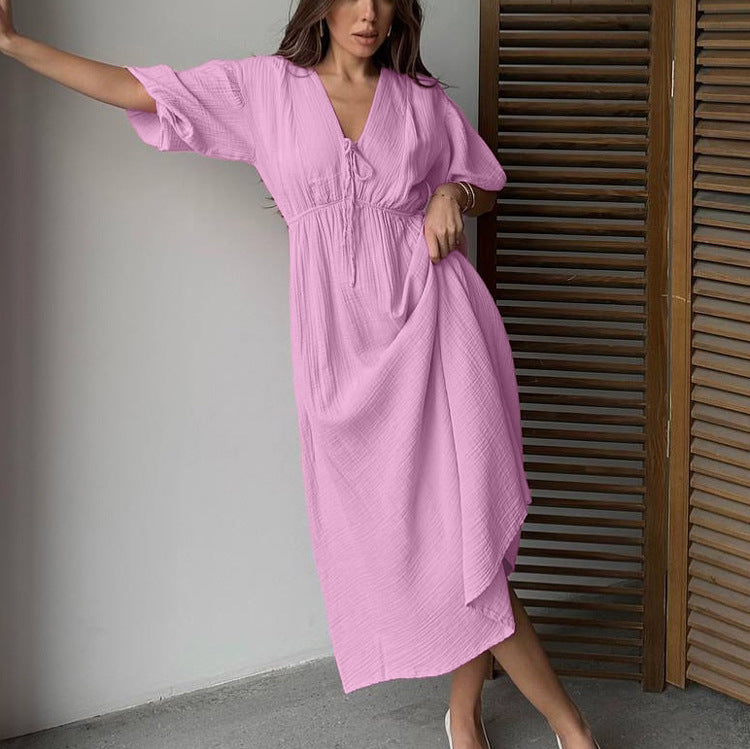 Women Clothing Cotton Double Layer Champray High Waist Dress V neck Puff Sleeve Lace up A line Long Dress