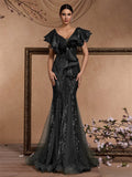 Elegant Ruffle Sleeve Sequin Elegant Cocktail Party Dinner Dress Backless Luxury Fishtail Graduation Evening