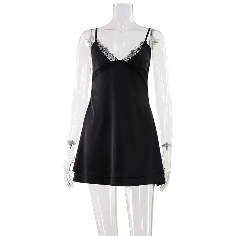 Sexy Women Clothing V neck Lace Strap Dress Satin Texture Home Pajamas Pure Short Dress