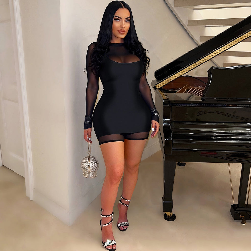 Women Clothing Sexy Zipper Mesh Jumpsuit Strap Reflective Dress Two Piece Set