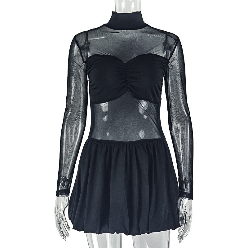 Women Clothing Pleated Slightly Transparent Personality A line Dress Solid Color Stand Collar Long Sleeve Short Dress