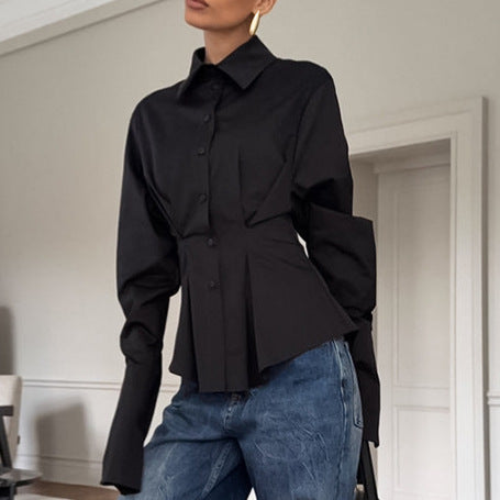 Court White Cotton Shirt Women Light Luxury Pleat Waisted Slim-Fit Long-Sleeved Collared Shirt