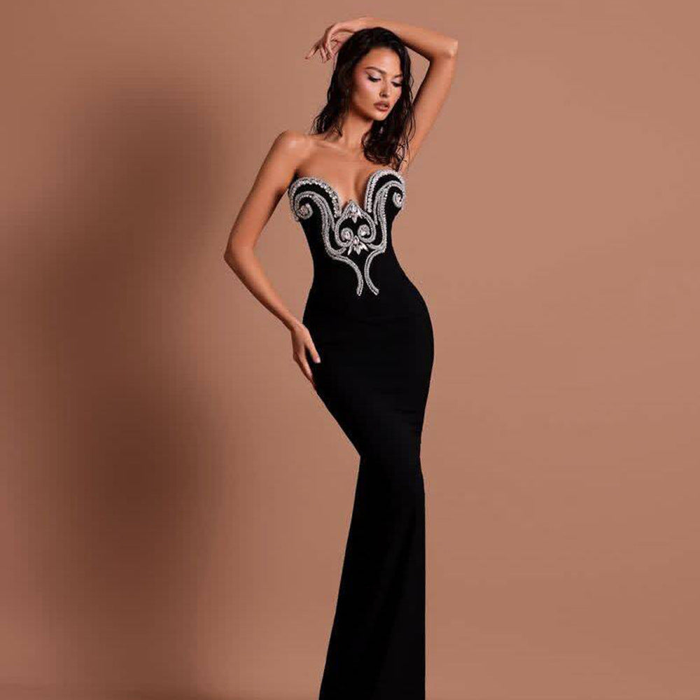 Niche Design Beads Rhinestones Tube Top Bandage One Piece Dress Party Evening Dress Slim Fit Maxi Dress