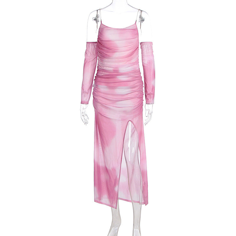 Autumn Winter Women Dress Mesh Printed Sling Oversleeve off Shoulder Backless Slit