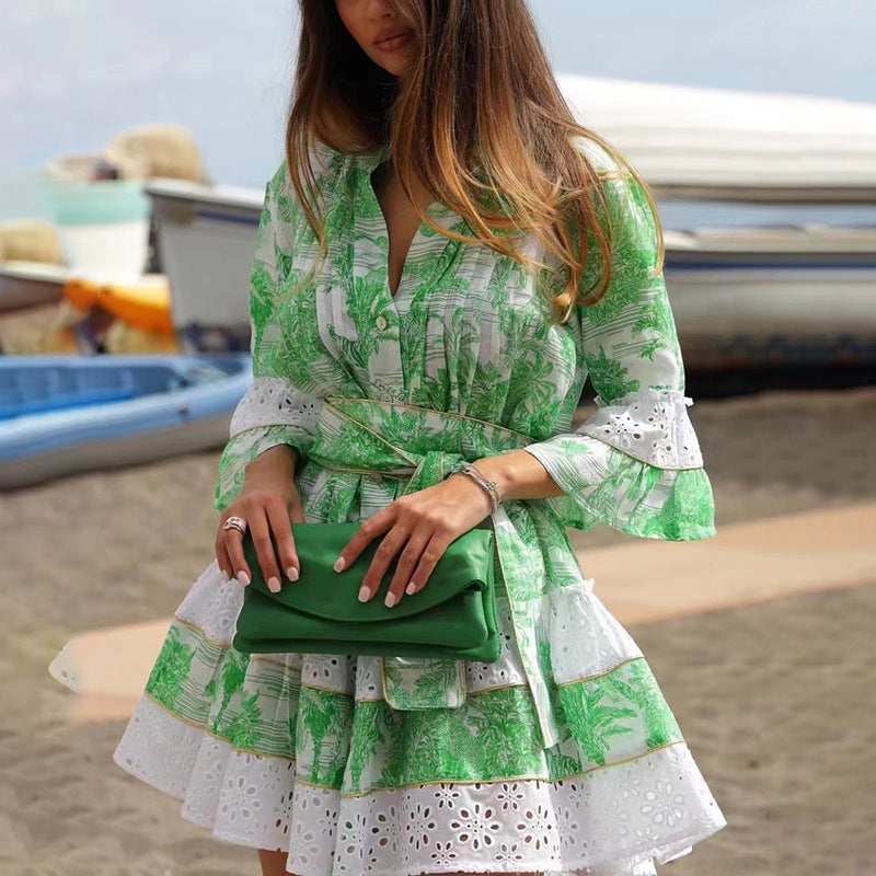 French Bohemian Vacation Spring V Neck Bell Sleeve Embroidered Printed Tied Dress Women