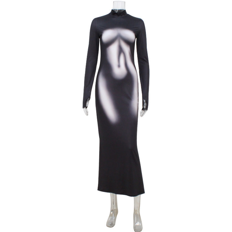 Popular Women Clothing Slim Fitting Cool 3D Printed Long Sleeve Dress