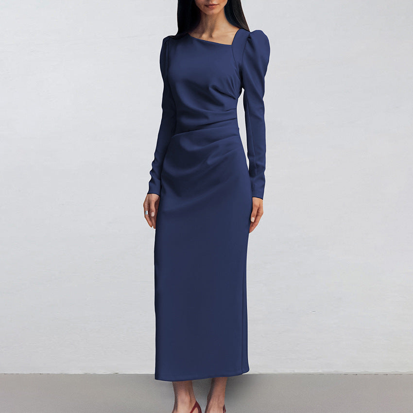 Autumn Casual Elegant Irregular Asymmetric Collar Puff Sleeve Tight Split Dress Khaki Maxi Dress