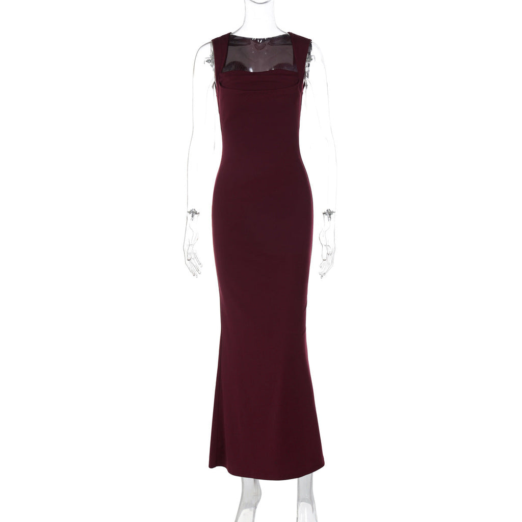 Women Clothing Spring Summer Slim Fit Square Collar Sleeveless Waist Slimming Dress