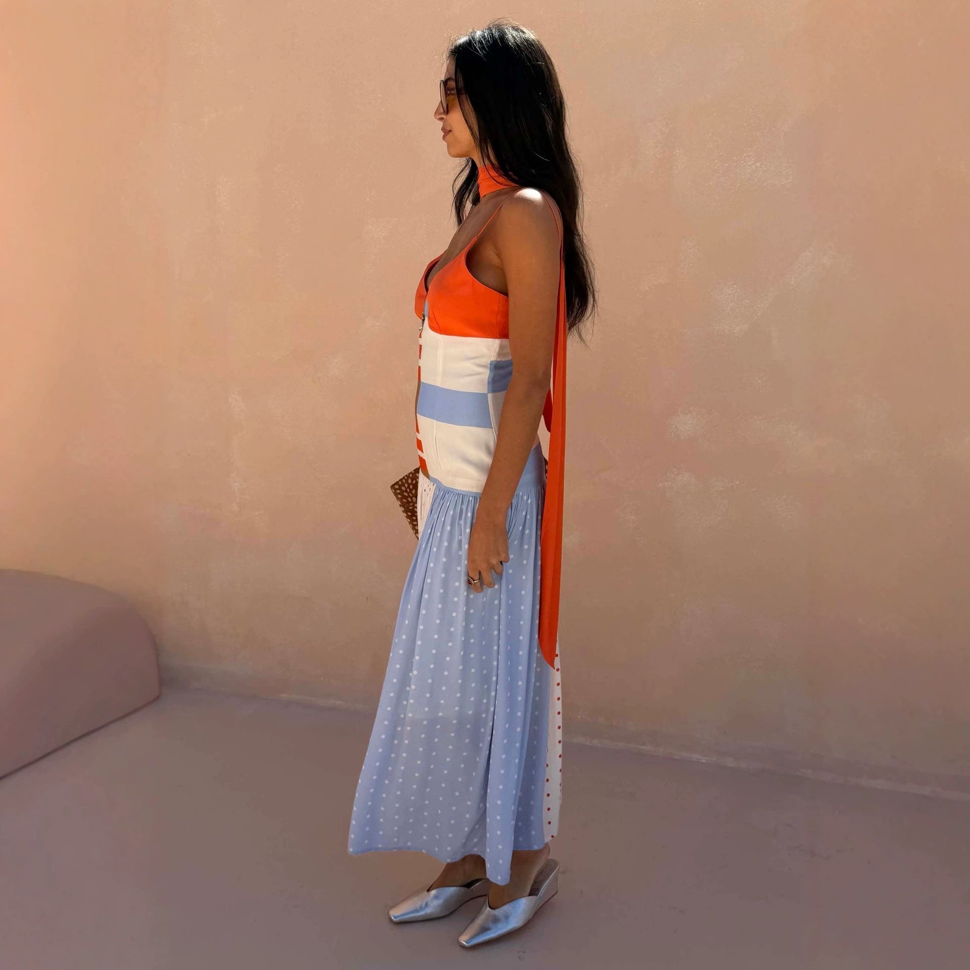 Contrast Color Polka Dot Stitching Cami Dress Summer Vacation Women Dress