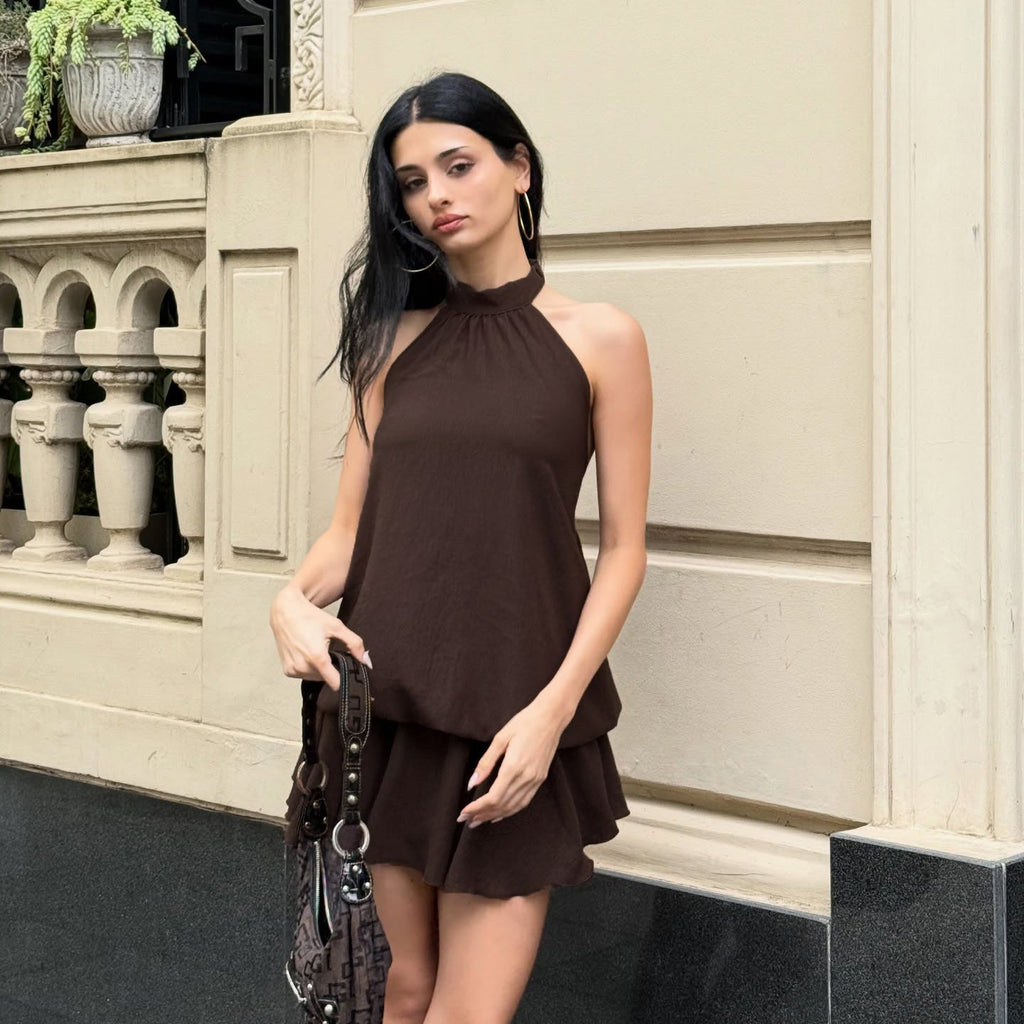 Retro Solid Color Elegant Stitching Pleated Backless Lace up Sexy Halter Dress