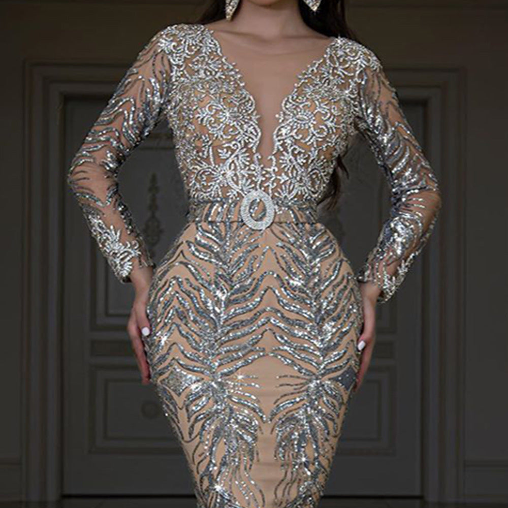 Women Clothing Dress Bronzing Long Sleeve Slim Sexy Fishtail Mopping Evening Dress