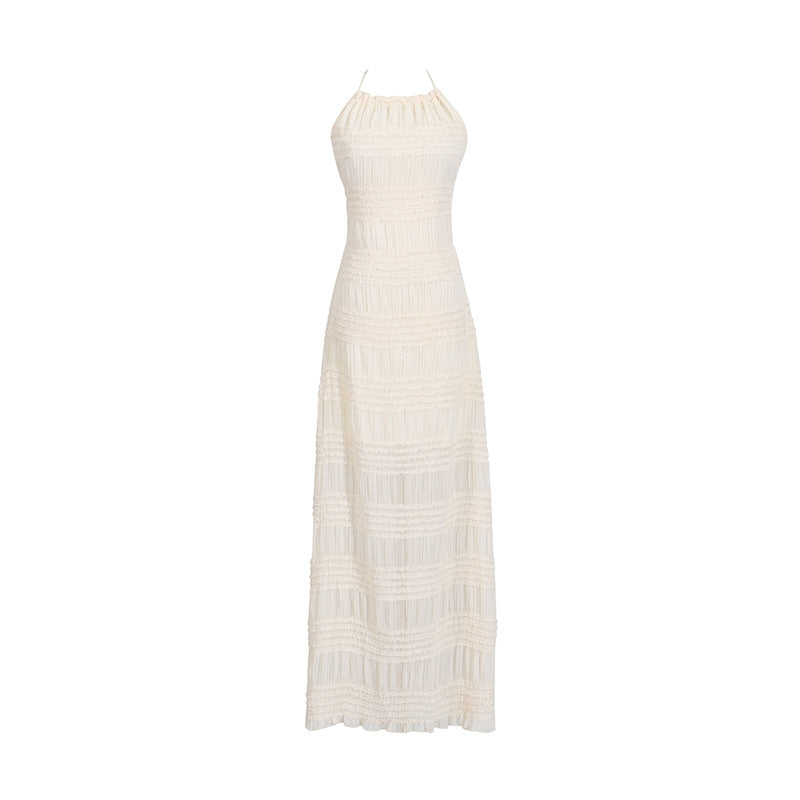 French Simplicity Vacation Beach Knit Breathable Maxi Dress Autumn Halter Backless Solid Color Dress
