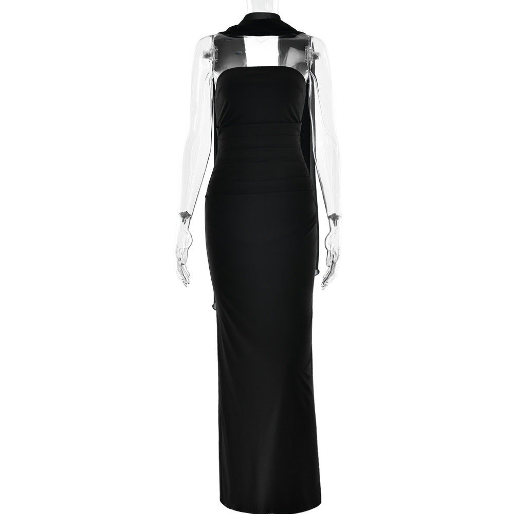 Spring Tube Top Cinched Waist Women Dress Elegant Ribbon Backless Sexy Sheath Dress