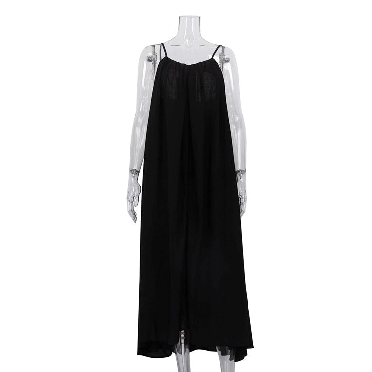 Women Clothing Fashionable Sleeveless Cami Dress Simple Graceful Backless Loose Black Dress