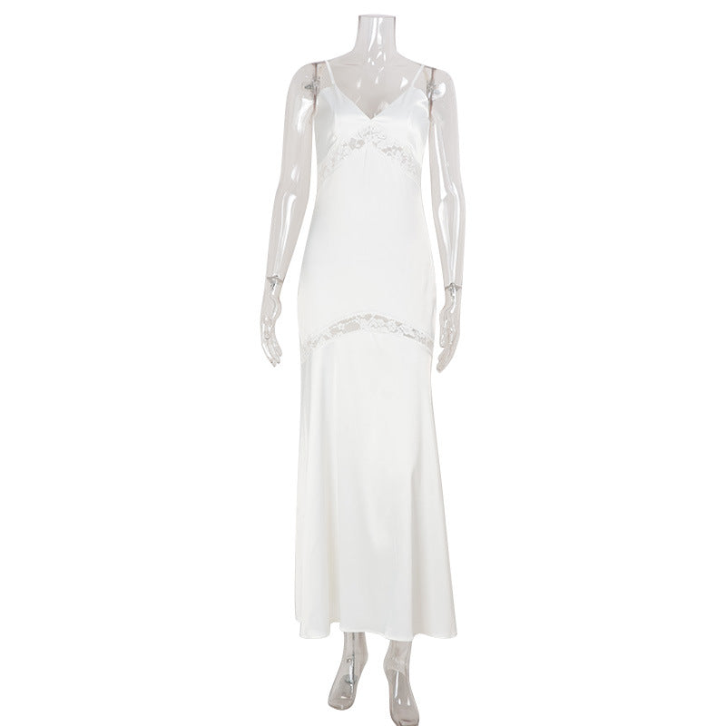Women Clothing Solid Color Simple Elegant Slim V neck Strap Maxi Dress Lace Stitching Evening Dress