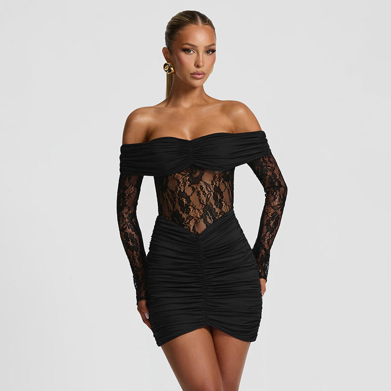 Women Autumn Winter Sexy off Shoulder Lace Stitching Hip Mini Dress
