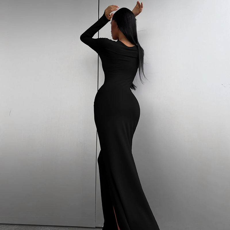 Women Clothing Spring Summer Solid Color Long Sleeve Tight Waist Hip Split Dress Women