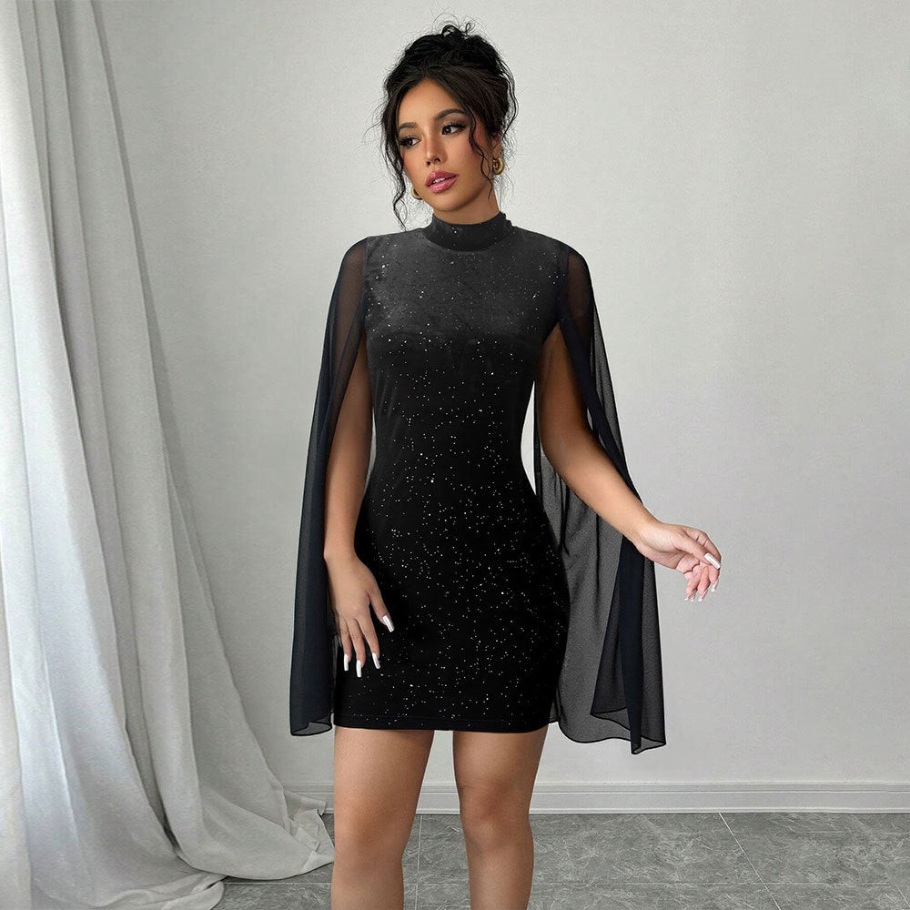 Turtleneck Dress Women Black Rhinestone Sequined Slim Fit Short Sleeve Mesh Stitching Inner Wear Dress