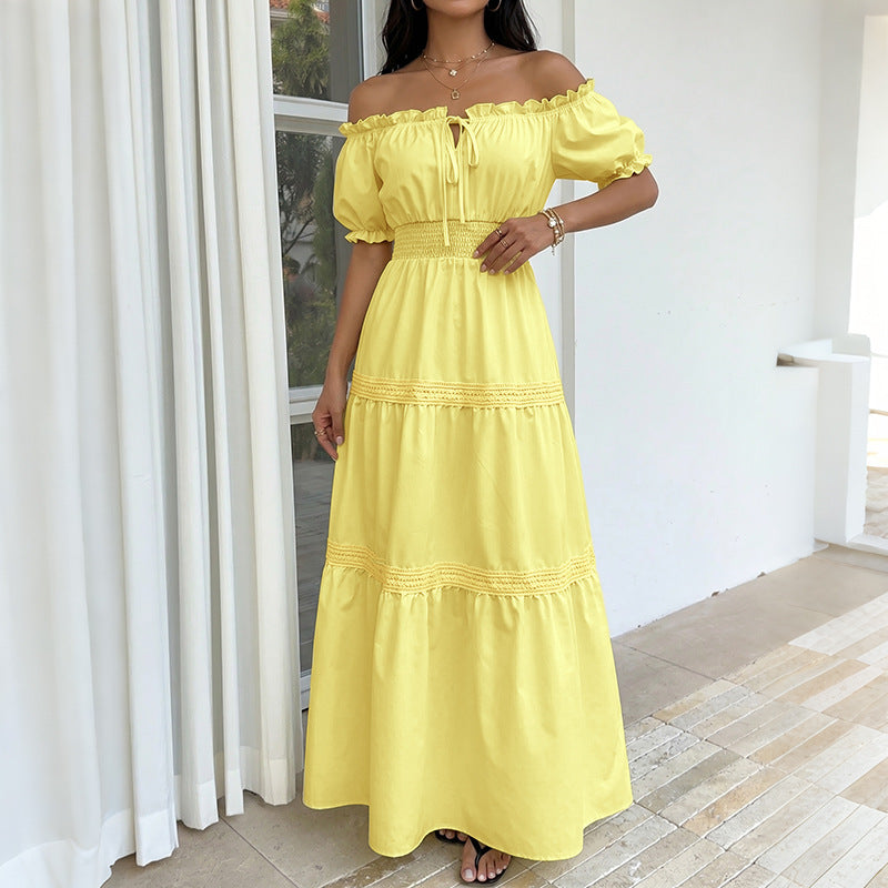 Fresh Vacation Solid Color off Shoulder Puff Sleeve Tiered Dress