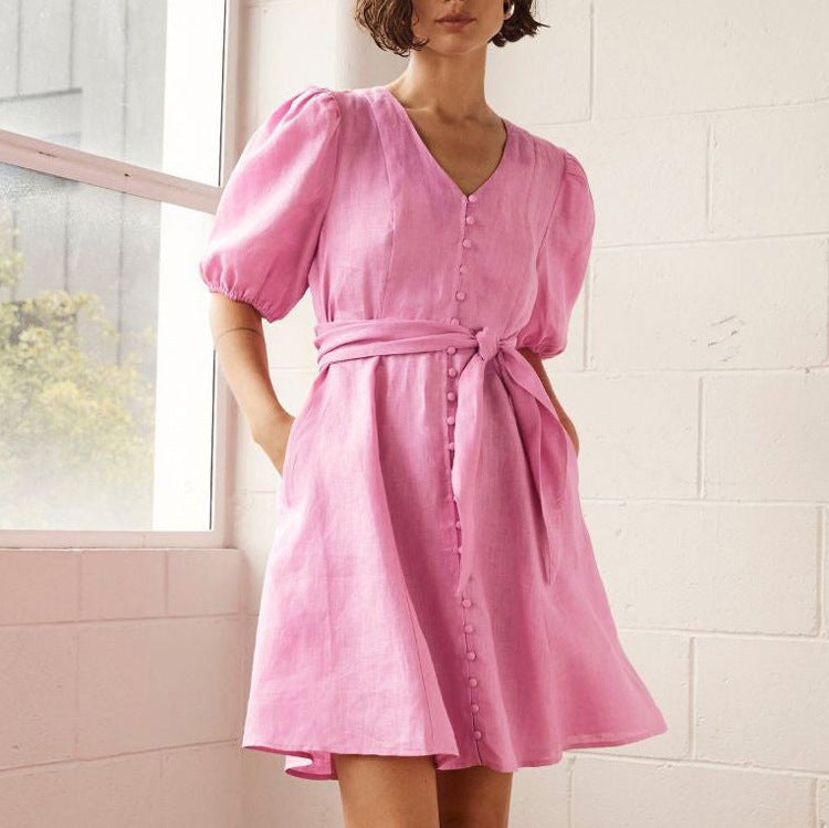 French Dress Women V neck Puff Sleeve Single Breasted Lace up High Waist A line