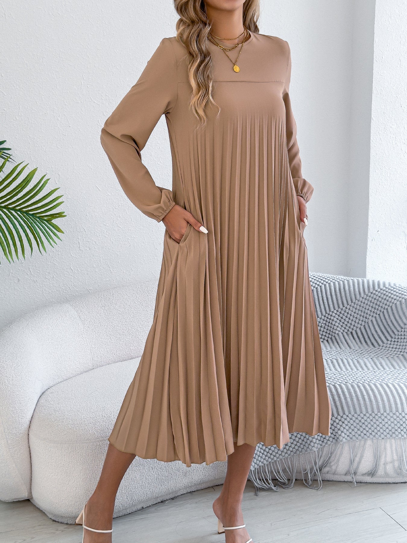 Women Clothing Spring Summer Casual Solid Color Long Sleeve Pocket Pleated Dress（Without Belt）