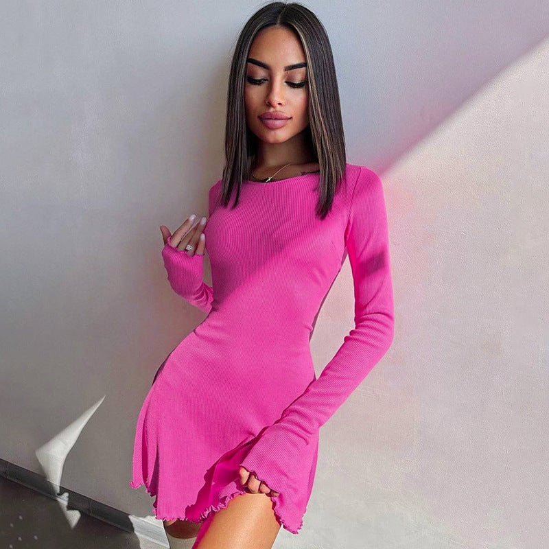 Women Clothing Autumn Winter Simple Solid Color Back Lace up Waist Controlled Dress