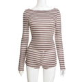 Women Clothing Autumn Winter Elegant Casual Striped Long Sleeved Top Short Shorts Set