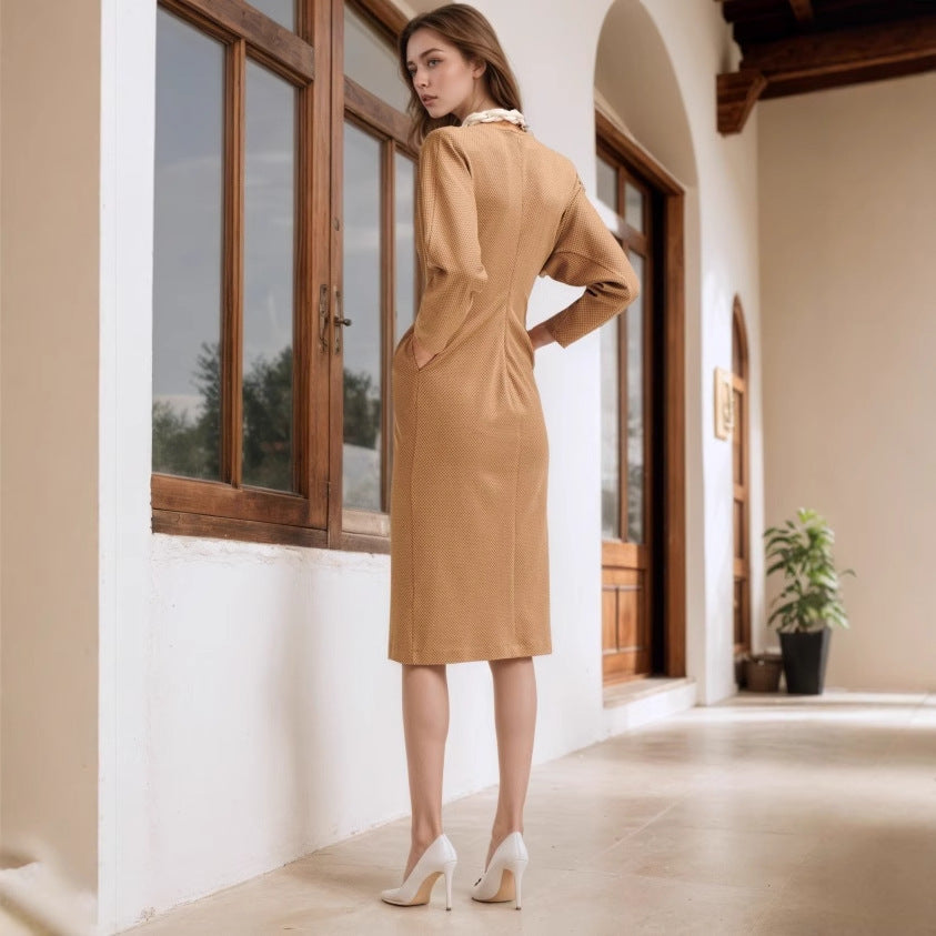 Retro Crew Neck Long Sleeve Twist Design Slim Fitting Mid Length Knitted Dress