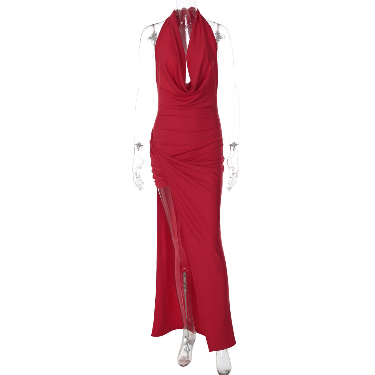 Winter Women Clothing Sexy Deep V Plunge neck Solid Color Split Halter Backless Dress for Women