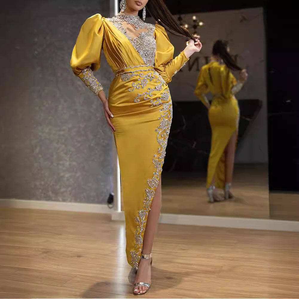Spring Gold Women Wedding Satin Large Swing Sexy Dress Trailing Cocktail Evening Dress