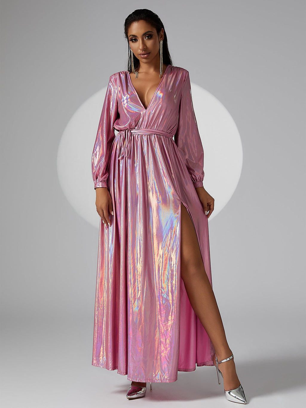 V neck Long Sleeve Long Bronzing Cocktail Hip Wrapped Evening Dress Bridesmaid Dress Women Dress