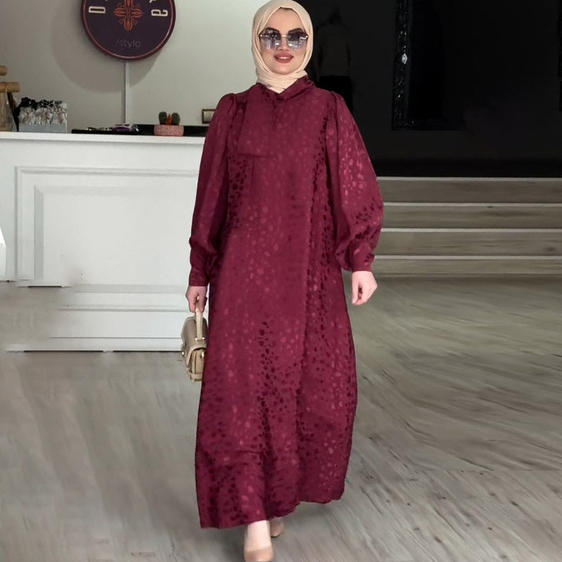 Summer Loose Bowknot Jacquard Plus Size Long Sleeve Dress
