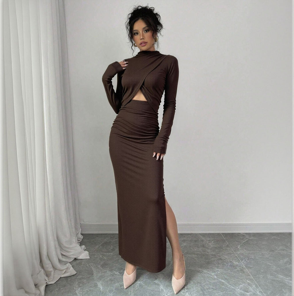 Autumn Winter Sexy Slit Slim Fitting Cropped Outfit Long Sleeve Mid Length Long Sleeve Dress