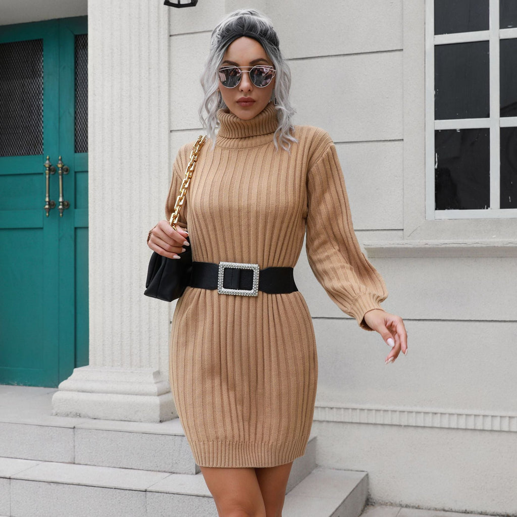 High Collar Sweater Dress Women Knitted Short Dress Autumn Winter Women Clothing