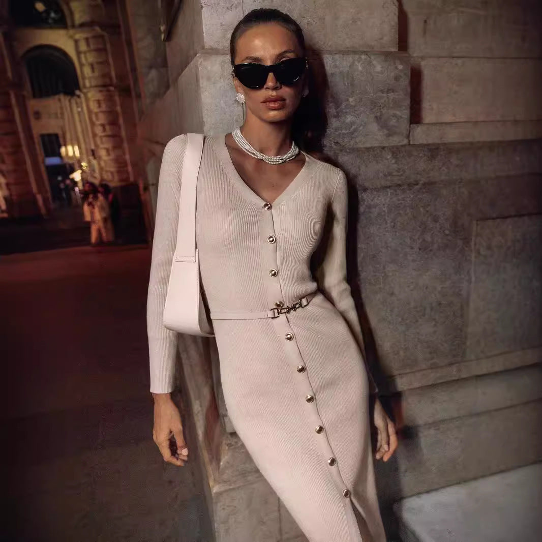 Autumn Winter Long Sleeve Knitted Dress Button Split Russia Hip Wrapped Sweater Cardigan Dress No Belt
