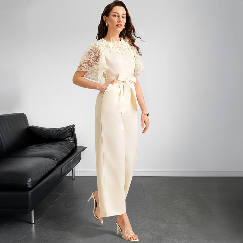 Women Clothing Elegant Summer Stitching Lace Short Sleeve Tied High Waist Straight Jumpsuit