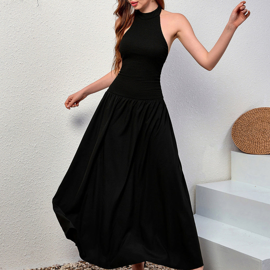 Elegant Halter Knitted Dress Sexy Backless Slim Fit A line Pleated Long Formal Dress