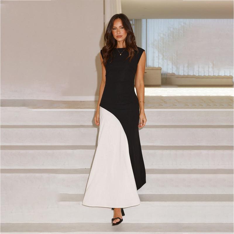 Cross Street round Neck Sleeveless Cinched Patchwork Black White Contrast Color High Waist Dress