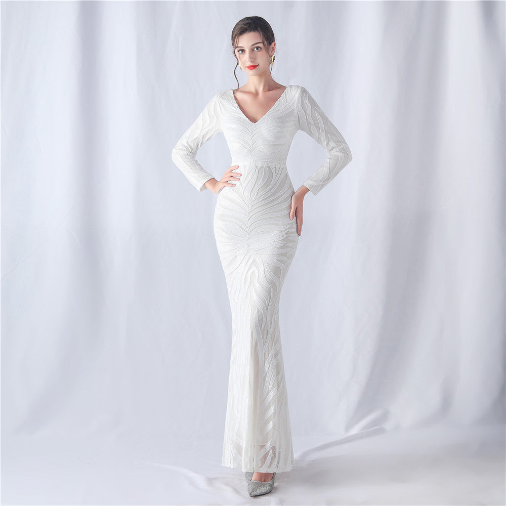 Positioning Floral Cutting Craft Magic Color Sequin Annual Meeting Wedding Long Sleeve Evening Dress