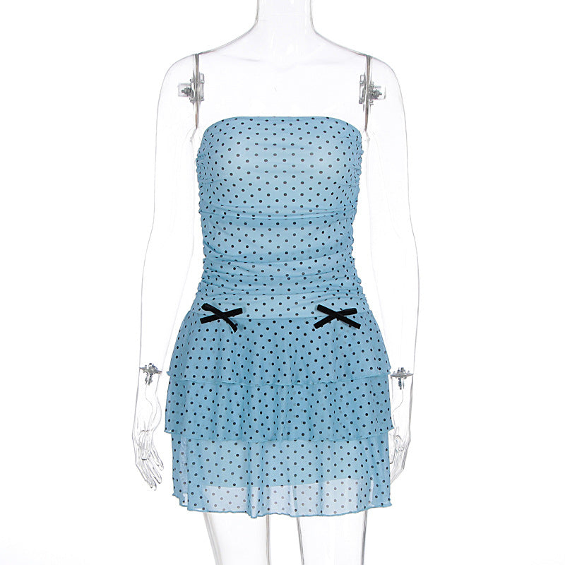 Summer Women Clothing Sexy Polka Dot Bandeau Slim Fit Ruffled Sheath Dress